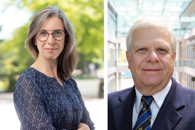 There are two headshots. On the left is a woman wearing a blue blouse with glasses. On the right is a man wearing a suit. 