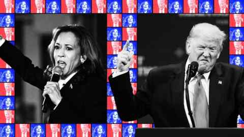 Montage of images of Kamala Harris and Donald Trump taken from their debate