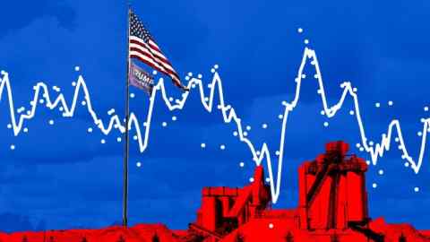 A montage showing industrial machinery, a line graph, American and Trump flags and a blue background