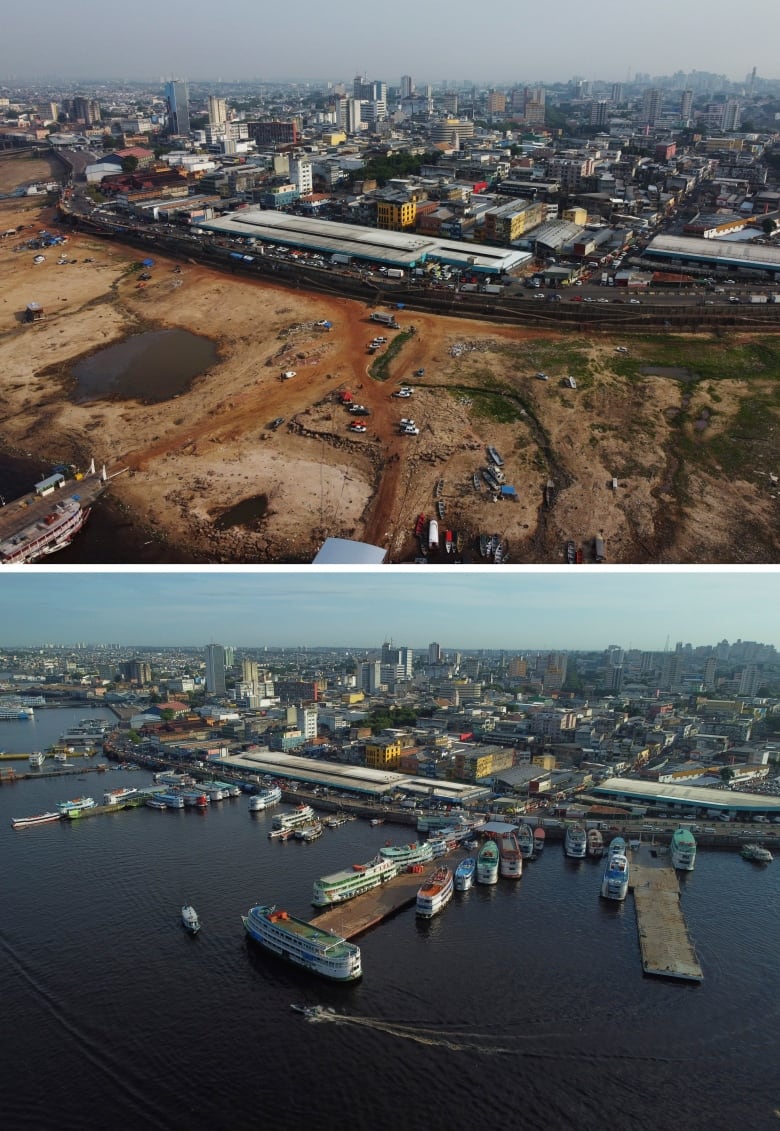 Two composite images of the same aerial shot of a city port. The bottom image shows the port full of water, with docks and boats. The top image shows the same location, but the river is dried out to just brown mud near the buildings, with just a little bit of water visible farther out. 