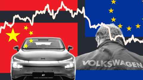 A montage of the Chinese and European Union flags, a VW car and a chart