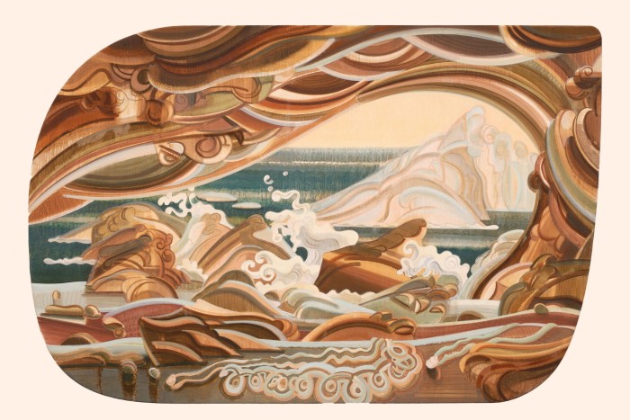 Stylised  painting of waves lapping against a beach, with snails and shells visible in the foreground