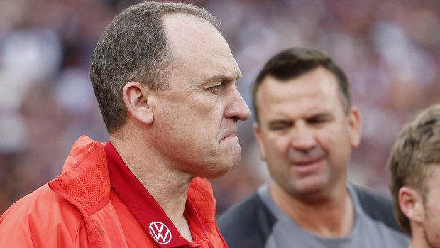 John Longmire, Senior Coach of the Swans looks dejected after the AFL Grand Final match between Sydney Swans and Brisbane Lions at Melbourne Cricket Ground, on September 28, 2024, in Melbourne, Australia. (Photo by Daniel Pockett/AFL Photos/Getty Images)