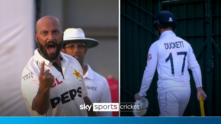 Ben Duckett is caught as a loose ball goes in the air and is then caught by Pakistan&#39;s wicket keeper Mohammed Rizwan as Sajid Khan&#39;s bowling continues to haunt England. 