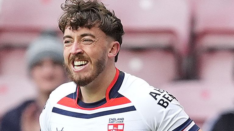 England's Matty Ashton celebrates his try during the International Rugby League match at The Brick Community Stadium, Wigan. Picture date: Sunday October 27, 2024.