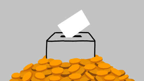 Illustration of a ballot box and voting slip surrounded by coins