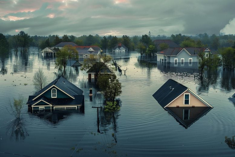 Houses Completely Flooded Art Concept