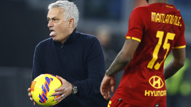 Jose Mourinho Head Coach of AS Roma gestures during the Serie A match between AS Roma and Hellas Verona FC.