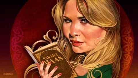 Joe Cummings illustration of Person in the News Sarah J Maas holding one of her books