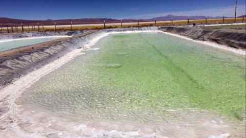 A brine pool used to extract lithium at a salt flat near Susques, Argentina