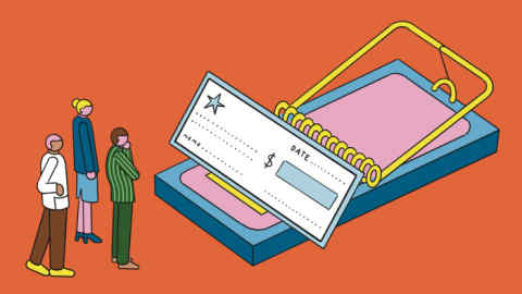 People consider a blank cheque sitting in an oversized mousetrap