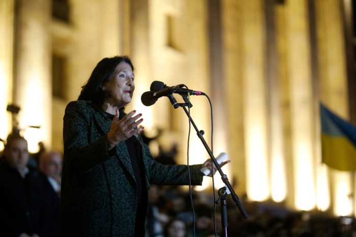 Georgian President Salome Zourabichvili speaks during a protest in Tbilisi on Monday