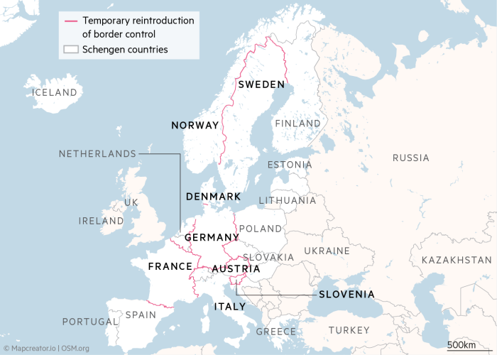 Map showing temporary reintroduction of border control in Schengen countries