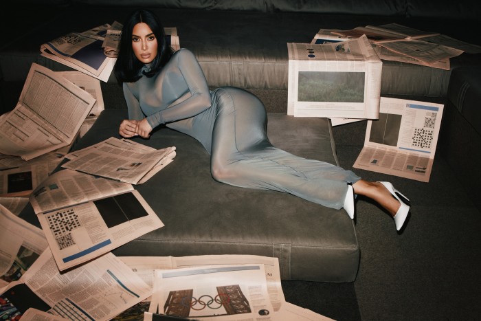 Kim Kardashian in a dress from Skims, the brand she co-founded in 2019 