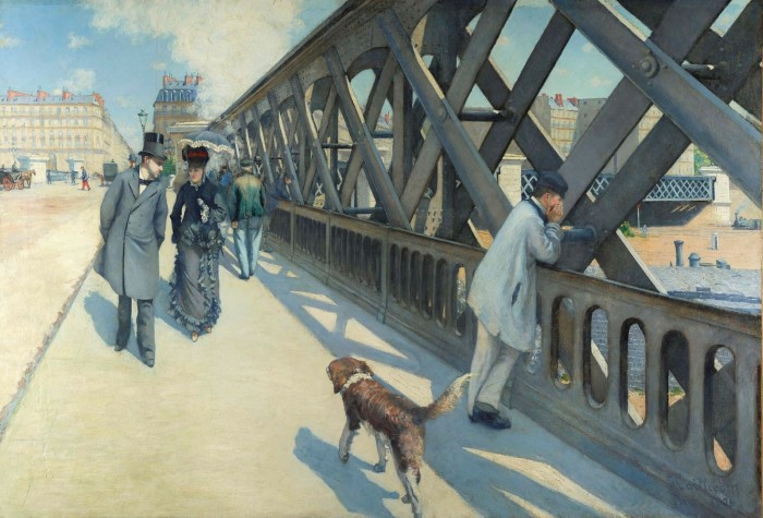 Painting of a well-dressed couple, the man in a top hat walking on a bridge, approaching a scruffy looking man out through criss-crossed grey steel trusses that run into the distance. A dog enters the scene at the closest edge of the picture. It is a sunny day with shadows cast on the ground