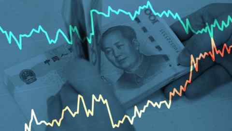 Montage of renminbi notes and a chart graph