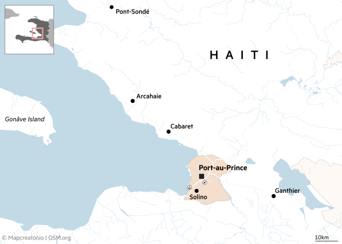 Map showing a detailed view of part of Haiti, focusing on Port-au-Prince and its neighboring regions