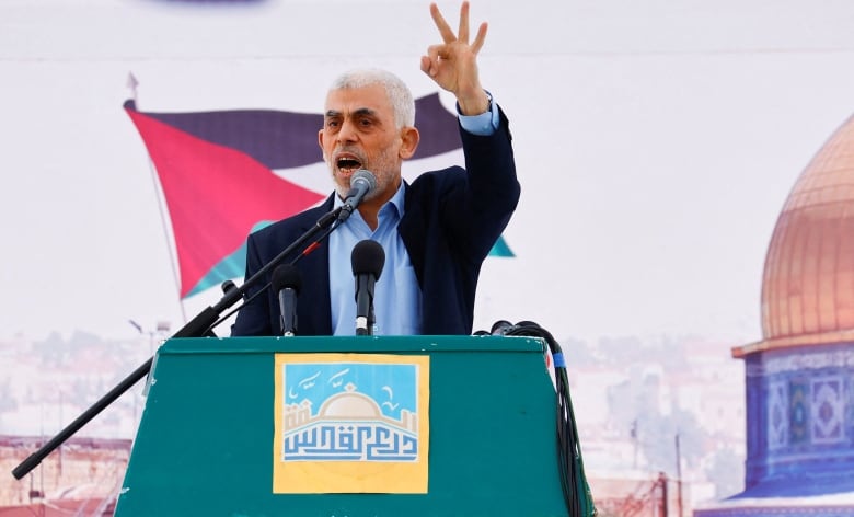 Yehya Al-Sinwar Gaza Strip chief of the Palestinian Islamist Hamas movement, speaks during a rally to mark the annual al-Quds Day (Jerusalem Day), in Gaza, April 14, 2023. 