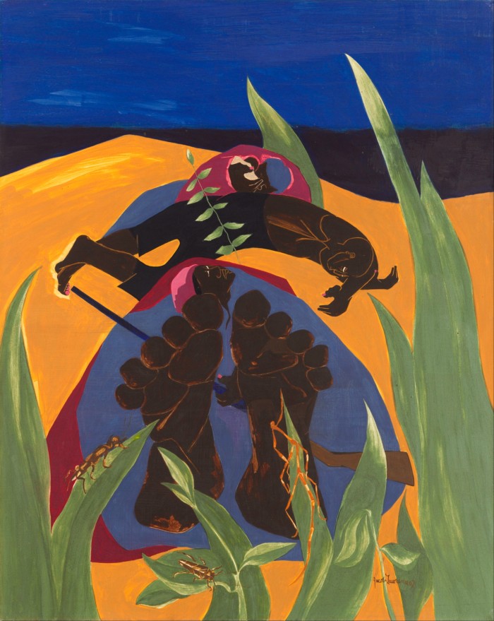 Colourful, cartoonish painting, apparently inspired by Harriet Tubman, in which a woman lies asleep on her back, lying on the ground, cradling a rifle in her arms, her gnarled feet in the foreground of the frame, while another couple sleep curled up  n the background of the scene