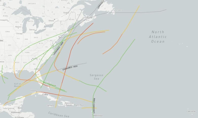 Lines traverse the state of Florida and other parts of the United States, illustrating past hurricane paths.