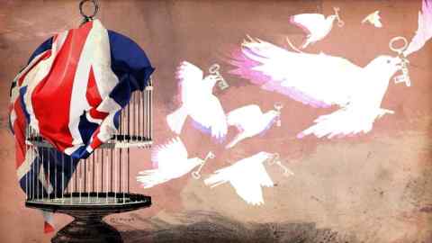 Doves with keys in their mouths escape a cage draped in the union jack