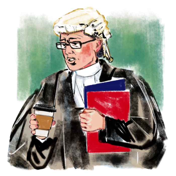 An illustration of a judge wearing a wig, black coat and holding a blue and red folder in one hand and a cup of takeaway coffee in the other