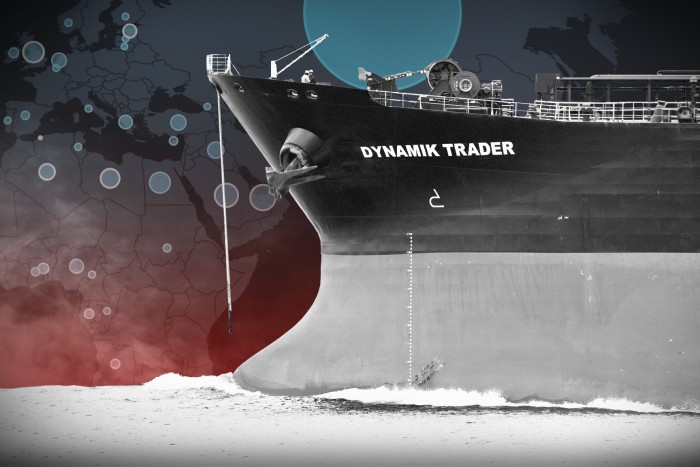 Montage showing the bow of a large ship named ‘Dynamik Trader’, and a map of Europe and Africa in the background