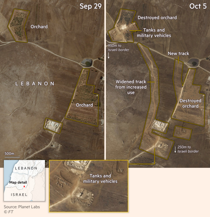 Satellite images from September 29 and October 5 showing tanks appear in Lebanon 250m from the Israeli border. Source: Planet Labs