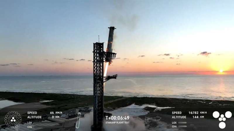 This still image taken from a SpaceX broadcast shows the Starship's Super Heavy Booster being 'caught' mid-air as it returns to the launch pad near Boca Chica, Texas