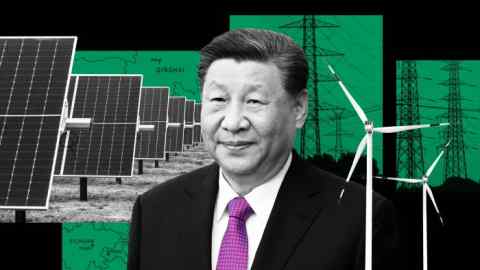 Montage of images of Xi Jinping against a backdrop of solar panels, wind turbines and power pylons