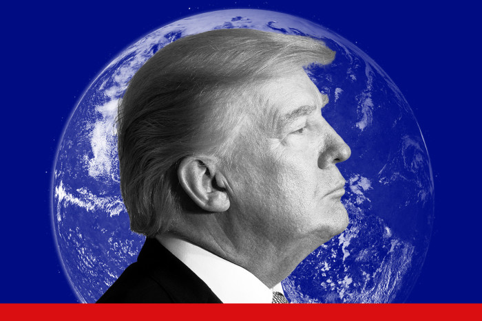 Montage of Donald Trump’s profile with a globe