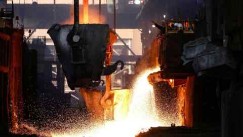 Sparks fly at a nickel smelter in Sorowako, South Sulawesi province, Indonesia