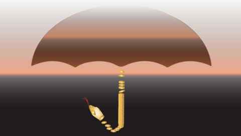 Illustration of an umbrella with its handle resembling a snake but with the snake’s body made up of coins