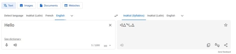 A google translate page showing the translation of hello from english to Inuktut. 