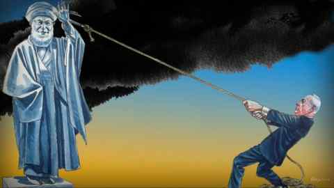 James Ferguson illustration of Netanyahu trying to topple a Supreme Leader statue.