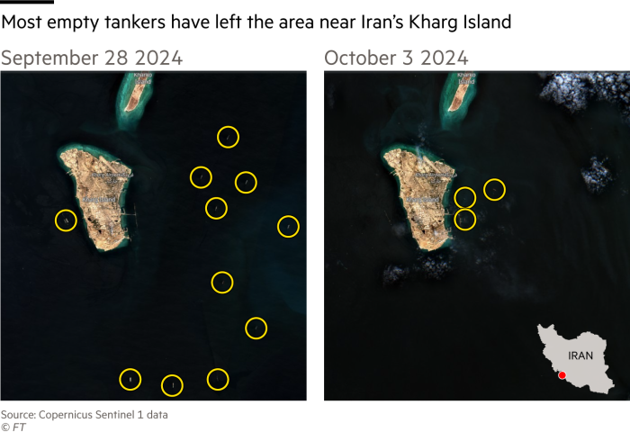 Satellite images showing Kharg Island off the coast of Iran on September 28 2024 and October 3 2024. Most empty tankers have left the area near Iran’s Kharg Island