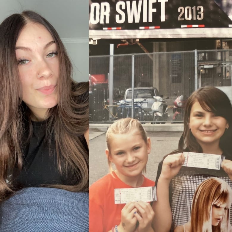 A composite image of a woman and beside it is a photo of her holding a concert ticket at a Taylor Swift concert in 2013. 