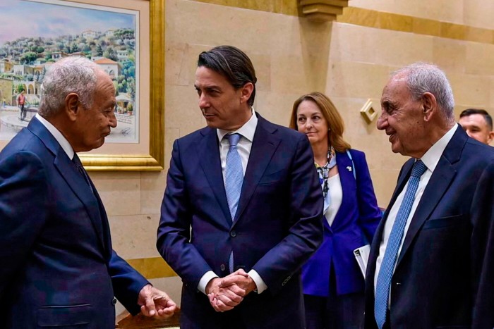 Amos Hochstein is seen conversing with Arab League secretary-general Ahmed Aboul Gheit and Lebanon's parliament Speaker Nabih Berri