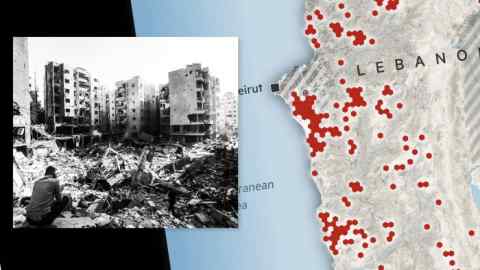 Image of a bombed-out building in Beirut paired with a map of Lebanon highlighting affected areas