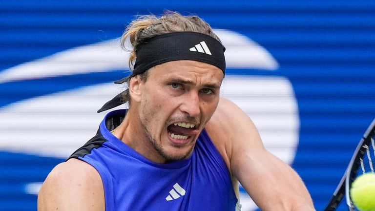 Alexander Zverev, of Germany, returns a shot to Brandon Nakashima, of the United States, during the fourth round of the U.S. Open tennis championships, Sunday, Sept. 1, 2024, in New York. (AP Photo/Eduardo Munoz Alvarez)