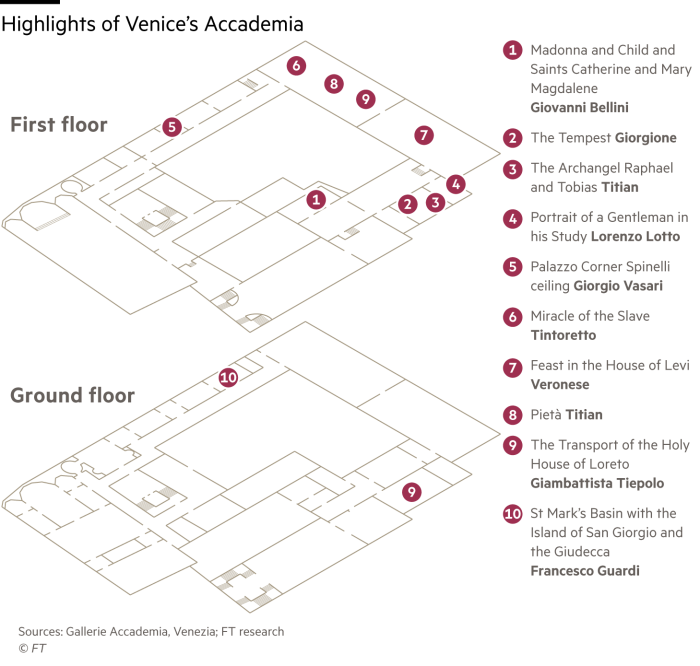 Map showing the location of some artwork highlights in the Accademia Gallery in Venice