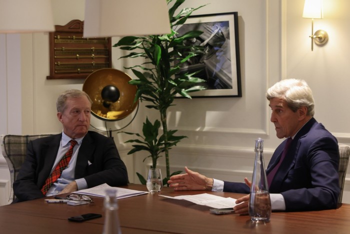 Tom Steyer and John Kerry during an interview at the Langham 