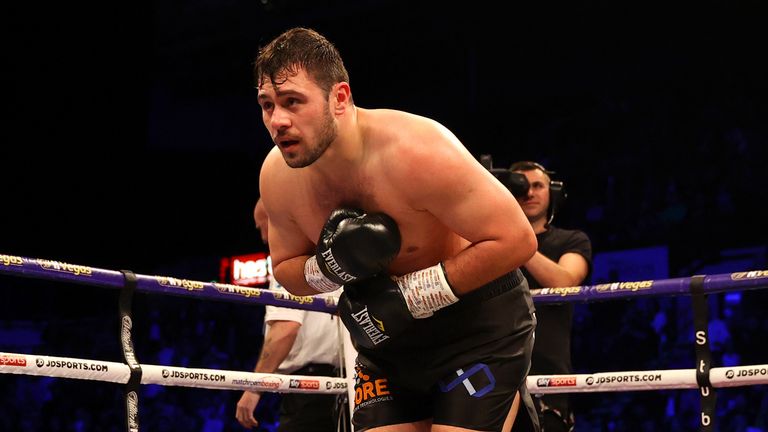 Dave Allen celebrates victory over Dorian Darch after the Heavyweight fight between Dave Allen and Dorian Darch at FlyDSA Arena on February 08, 2020 in Sheffield, England