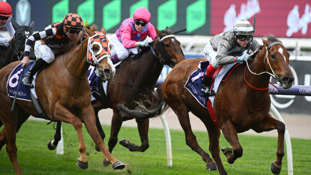 Craig Williams riding Justdoit winning Race 3, the Donate To Rda Australia - Betting Odds during Melbourne Racing at Flemington Racecourse on August 03, 2024 in Melbourne, Australia. (Photo by Vince Caligiuri/Getty Images)