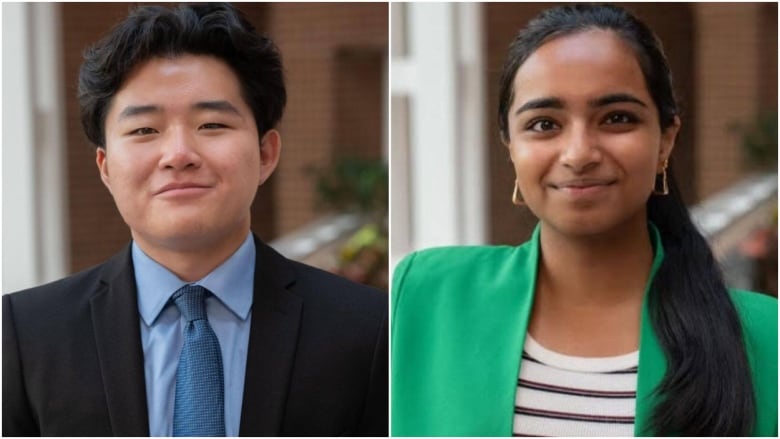 A composite image shows a smiling male student in a black suit, blue shift and tie at left, with a smiling female student in a green blazer with a white striped shirt at right.