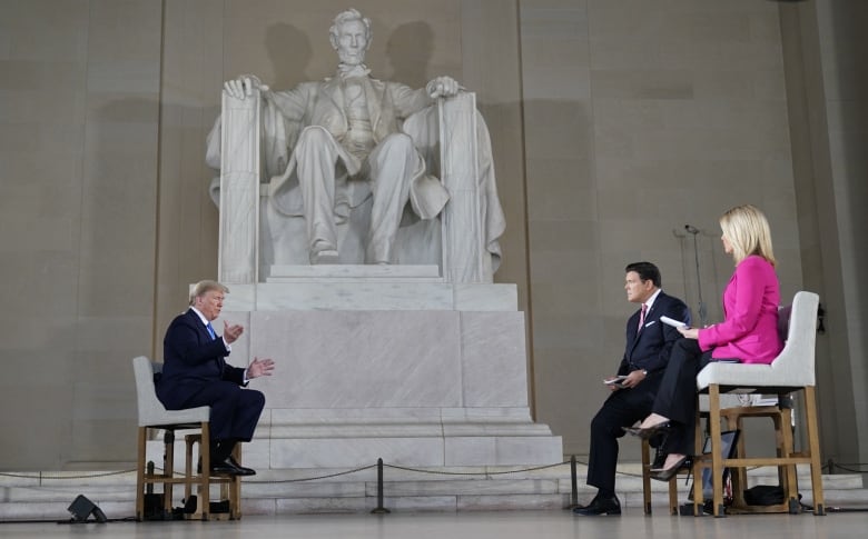 Lincoln Memorial steps, three people in chairs