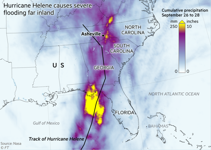 Map showing cumulative rainfall along the path of Hurricane Helene between September 26 and 28