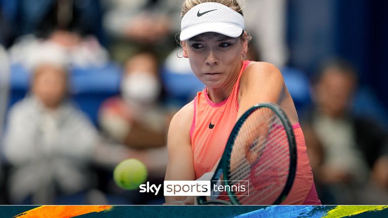 Britain&#39;s Katie Boulter plays against Sofia Kenin of the United States during the semifinal match of the Pan Pacific Open women&#39;s tennis tournament at Ariake Coliseum, in Tokyo, Saturday, Oct. 26, 2024. (AP Photo/Eugene Hoshiko)