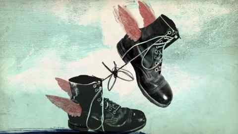 Jonathan McHugh illustration of a pair of Dr Martin’s black booths with pink wings in the clouds, tied to each other with their laces.