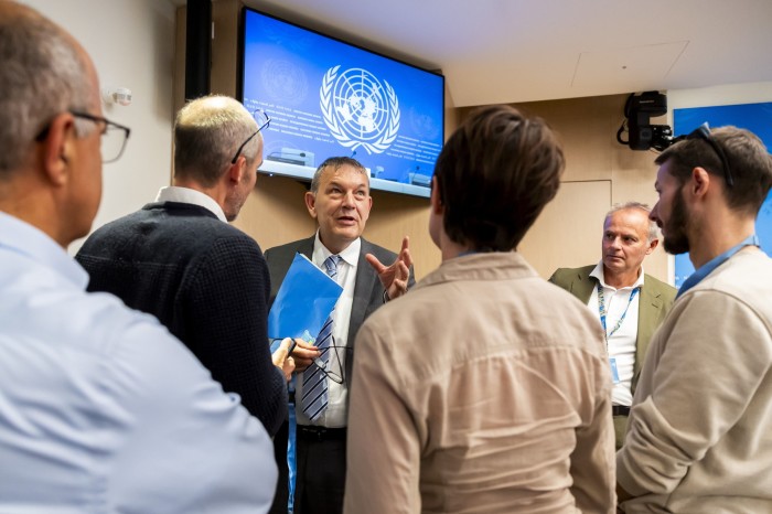 Philippe Lazzarini, commissioner general of the United Nations Relief and Works Agency for Palestine Refugees in the Near East (UNRWA), talks to reporters in Geneva